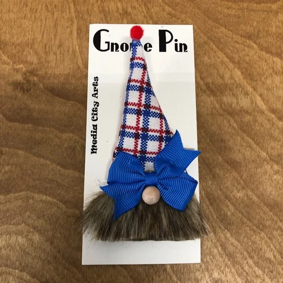 Red White Blue Gnome Pin Brooch Handmade Bow Gift Guide 4th of July USA Plaid - Picture 4 of 6